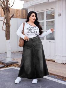 SHEIN EZwear 大码牛仔迷你裙，适合夏季 - 黑色 - 查看 3