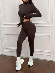 SHEIN PETITE 3 pezzi Tuta sportiva marrone in maglia, adatta per yoga, corsa, allenamento, uso quotidiano, autunno/inverno - Marrone Cioccolato - Visualizzare 4