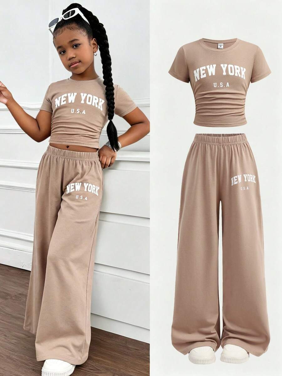 SHEIN Tween Girls Khaki Letter Print T-Shirt & Leggings 2 Pieces Set, Casual Daily Fashion Versatile - Khaki - View 1