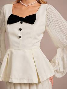 Enchnt Women's 2-Piece Set Elegant Black And White Bow Decor Lantern Sleeve Ruffle Hem Top&Midi Pleated Skirt,Autumn Wedding Guest Commuting Outfit - Apricot - View 2