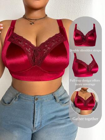 DesireSculpt 1pc Plus Size Women Solid Color Contrast Lace Wireless Bra