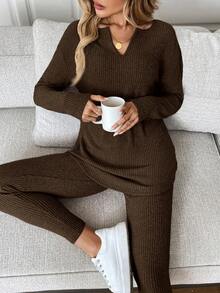 SHEIN Tall CURVE 2 pièces/Set Femmes grande taille T-shirt à manches longues côtelé doublé thermique et leggings, Automne/Hiver - Marron - Voir 7