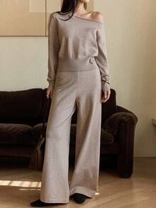 Dazy-Less Women's Elegant Solid Color 3D Floral Decor Asymmetric Collar Sweater And Knit Pants 2 Pieces Set, Autumn/Winter - Khaki - View 3