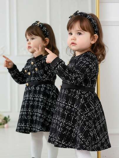 SHEIN Baby Girls Elegant Cute Black Plaid Knit Long Sleeve Dress Fall Winter