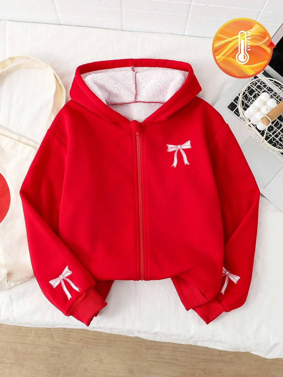 1pc Tween Girls Knitted Fleece Jacket With Front Zipper, Bow Embroidery, Cute & Fashionable, Suitable For Autumn/Winter - Red - View 1
