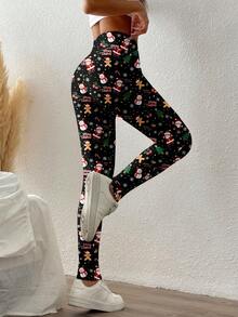 SHEIN EZwear Quần legging dài in họa tiết ông già Noel, cây thông Noel, người tuyết, giản dị dành cho nữ, sang trọng cho mùa thu/đông - Nhiều màu - Xem 2