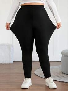 SHEIN CURVE+ 2条装加大码女式紧身裤，黑色带口袋紧身裤，瑜伽打底裤，舒适紧身裤，女士秋季服装，女士休闲跑步裤 - 黑色 - 查看 3