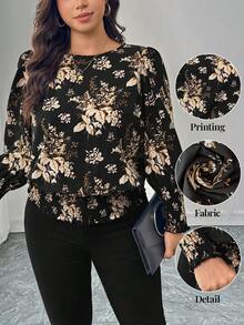 SHEIN LUNE Chemise décontractée de grande taille à imprimé floral vintage avec col rond, garniture à volants et manches bouffantes. Top noir élégant. Collection de blouses chics pour femmes. Blouses élégantes pour femmes pour le Nouvel An, Noël, les vêtements pour femmes en hiver, le Thanksgiving. Blouse à manches longues à fleurs, blouse de soirée pour femmes. - Multicolore - Voir 10