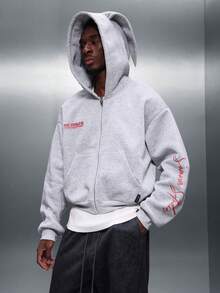 PLAYBOY X SUMWON Oversized Zip Up Hoodie With Iconic Bunny Logo Print Full Back Design Casual Streetwear Sweatshirt Winter Fall Fashion - Grey - View 2