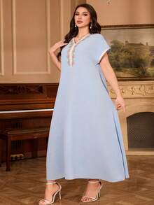 Al Najma Plus Size Elegant Dress With Embroidered Collar, Raglan Sleeves And Stand Collar