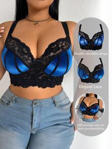 QuietHaus 1pc Plus Size Lace Patchwork Wireless Bra - Multicolor - View 1