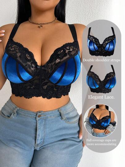 1pc Plus Size Lace Patchwork Wireless Bra