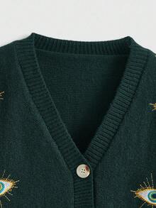 ROMWE Hippie Women's Vintage Embroidered Eye Totem Cardigan - Dark Green - View 2