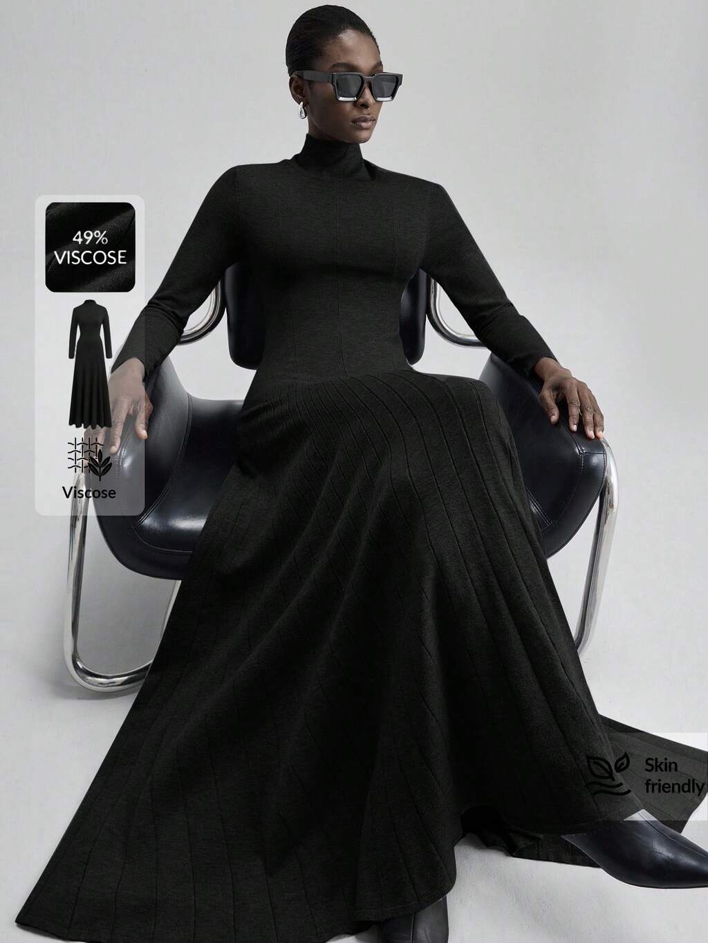 Women's Comfortable Sheer Fabric High Neck Design Regular Shoulder Long Sleeve Dress With Flared Hem, Versatile For Urban Commute, Basic Minimalist Elegant Business Casual Dress, Suitable For Teachers, Office, Summer, Valentine's Day