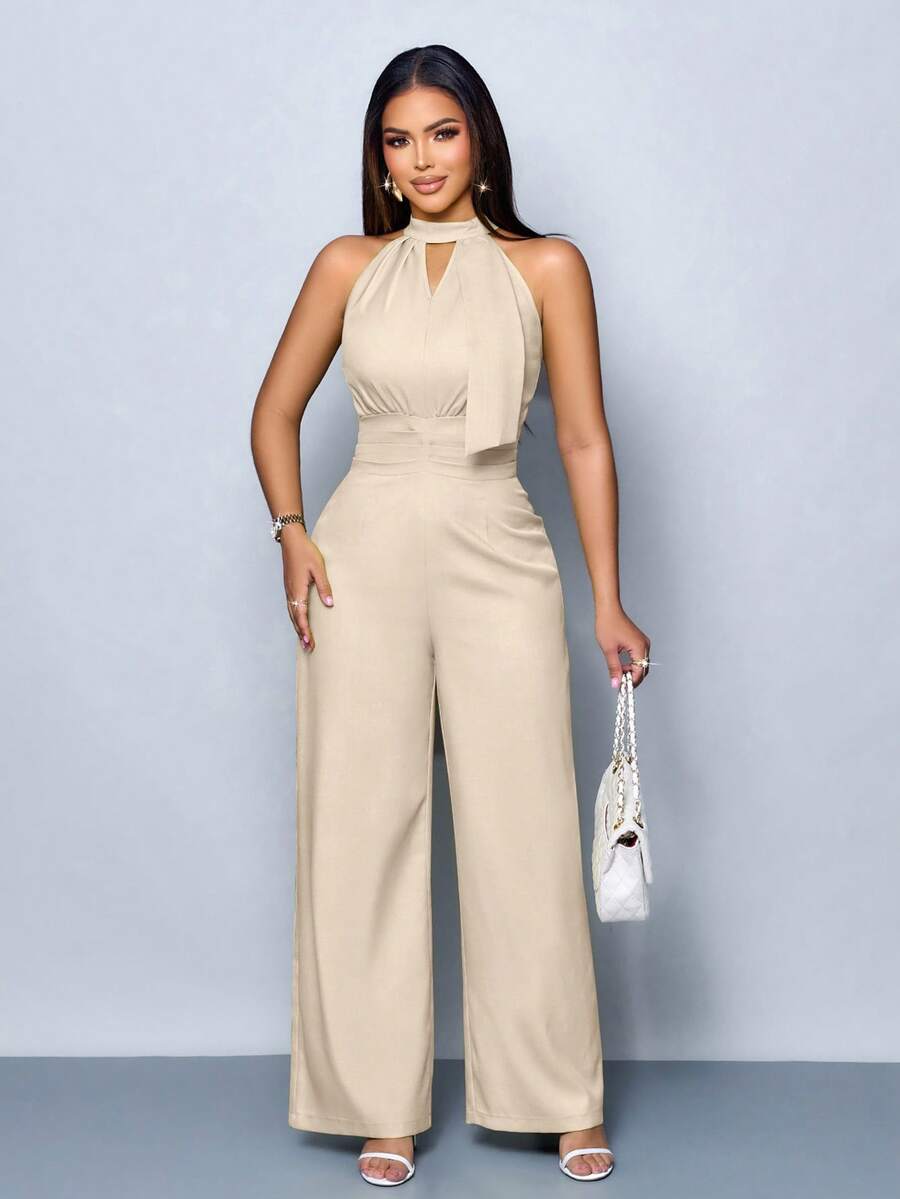 SOLERSUN Women Solid Color Ruched Sleeveless Wide Leg Elegant Jumpsuit With Hollow Out Design - Apricot - View 1