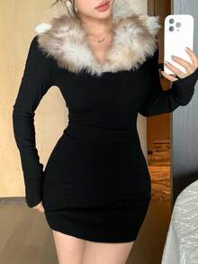 DAZY فستان نسائي قصير أكمام طويلة، لون أحادي بسيط، قطعة واحدة، قماش مخملي ناعم، تصميم مشبك، خفيف الوزن، مناسب للخريف والشتاء - الأسود - مشاهدة 9