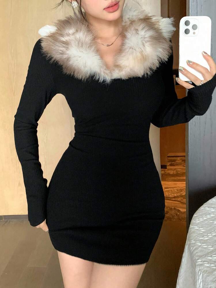 Women's Lightweight Fleece Collar Fuzzy Patchwork Sexy Bodycon Solid Color Minimalist Long Sleeve Mini Dress, Autumn/Winter
