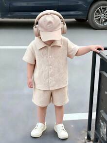 SHEIN Playful Pals 男婴夏季休闲套装（2件套），包括一件黑白条纹短袖衬衫和一条配套条纹短裤，适合日常穿着、度假和节假日穿着。 - 杏色 - 查看 1
