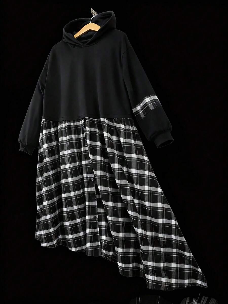 Franclia 复古韩版圆领宽松格子拼接连帽女式连衣裙，秋冬款 - 黑色 - 查看 1