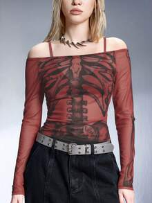 ROMWE Grunge Punk Áo lưới mỏng hở vai in họa tiết bộ xương gợi cảm - Đỏ - Xem 2