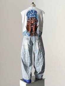 STEELVANCE 男士圆领无袖创意肖像图案休闲全印花短款背心 - 白色 - 查看 2