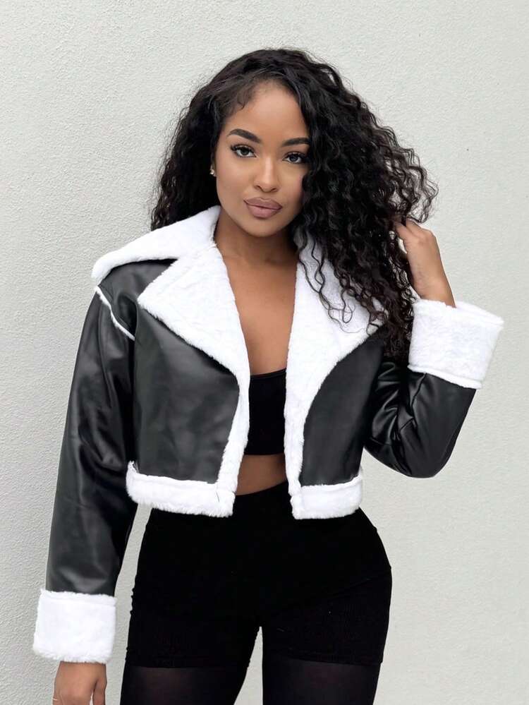 Alexandranx Teddy Lined Crop PU Leather Jacket In Fall/Winter