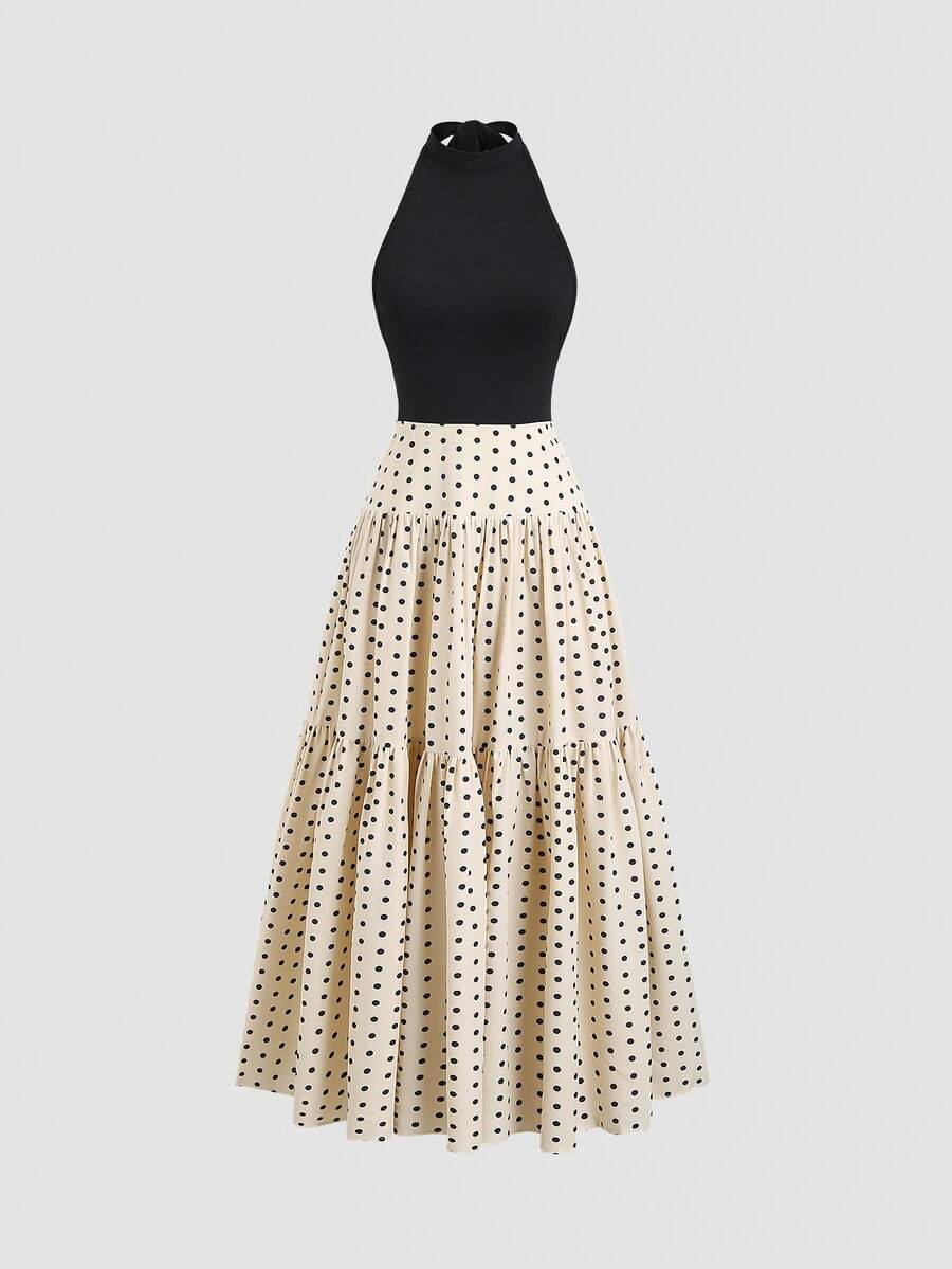 SHEIN Unity Women's Polka Dot Dress With Halter Neck, Flared Skirt, Spring/Summer - Multicolor - View 1