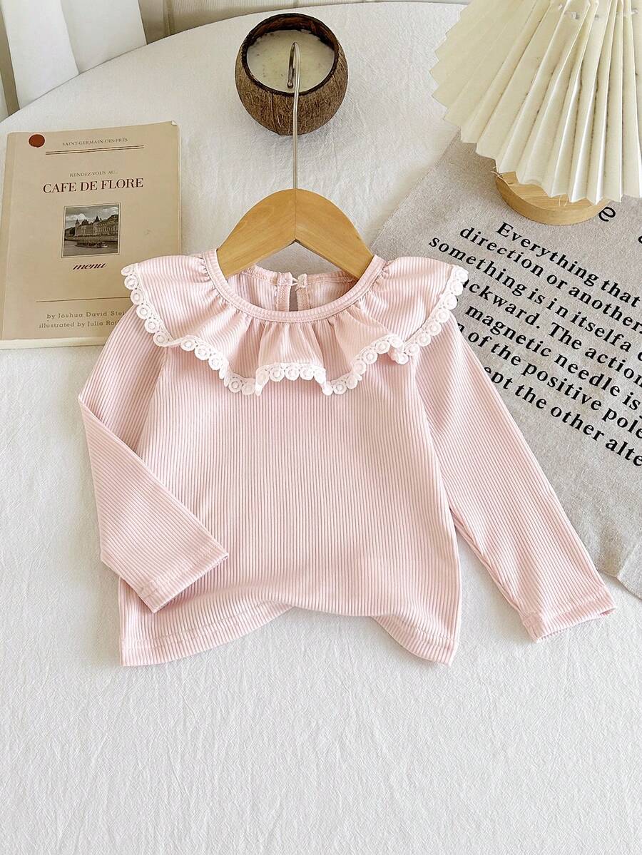 SHEIN Playful Pals 女婴幼儿0-3岁休闲百搭简约甜美白色纯色优雅弹力罗纹针织长袖圆领T恤上衣，可作内搭或外穿，适合所有季节。 - 杏色 - 查看 1
