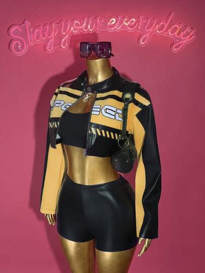 Slaydiva 2025 Winter New Style New Year Valentine's Day Party Evening Dating Gathering Birthday Party Preppy Style Student Wear Everyday Street Basic Versatile Casual Cruise Travel Internet Celebrity Hot Style Elegant Commuter Business Casual Simple Sexy Club Y2K Punk Racing Girlish Cool Motorcycle Style Small Stand Collar Long Sleeve Black And Yellow Contrast Short Jacket + Slim Black Shorts PU Ink Print Winter Suit Christmas Suit New Year Suit Women's Two-Piece Suit