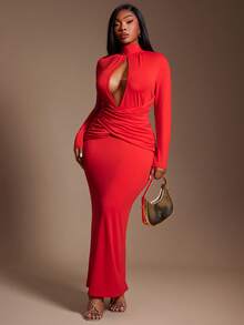 SHEIN SXY Abito attillato con collo alto, taglio e arricciatura, stile urbano resort per Capodanno cinese, adatto per uso quotidiano, feste, concerti, taglie forti 2025 - Rosso - Visualizzare 2