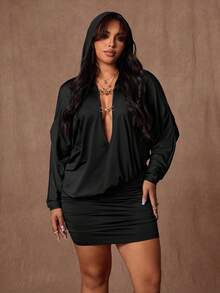 Rustia Plus Size Fashionable Sexy Deep V Bodycon Dress - Black - View 4