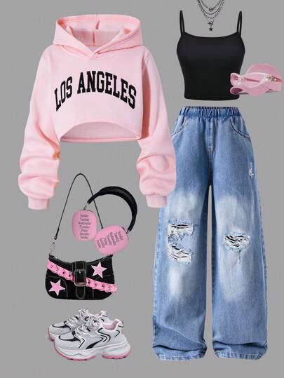 SHEIN Explorewe 3件套：Tween City 名字印花短款连帽衫、简约肩带吊带背心和破洞阔腿牛仔裤