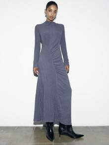 Nöista Elegant Long Grey Ribbed Dress Featuring A High Neckline, Soft Stretch Texture And A Ruched Waist That Creates A Refined And Feminine Shape; An Ideal Spring Break Outfits Piece For Birthday Outfits For Women Clothes Evenings, Elegant Celebrations And Sophisticated Seasonal Occasions That Call For Comfort With A Sleek Modern Finish. - Dark Grey - View 1