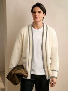 RONVEXI 男士休闲口袋长袖开衫，学院风开衫，冬季款 - 杏色 - 查看 4