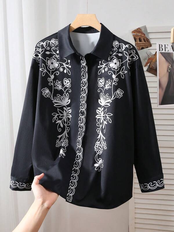 Modelyn Camisa holgada de manga larga con estampado floral elegante y casual para mujer de talla grande, primavera/otoño