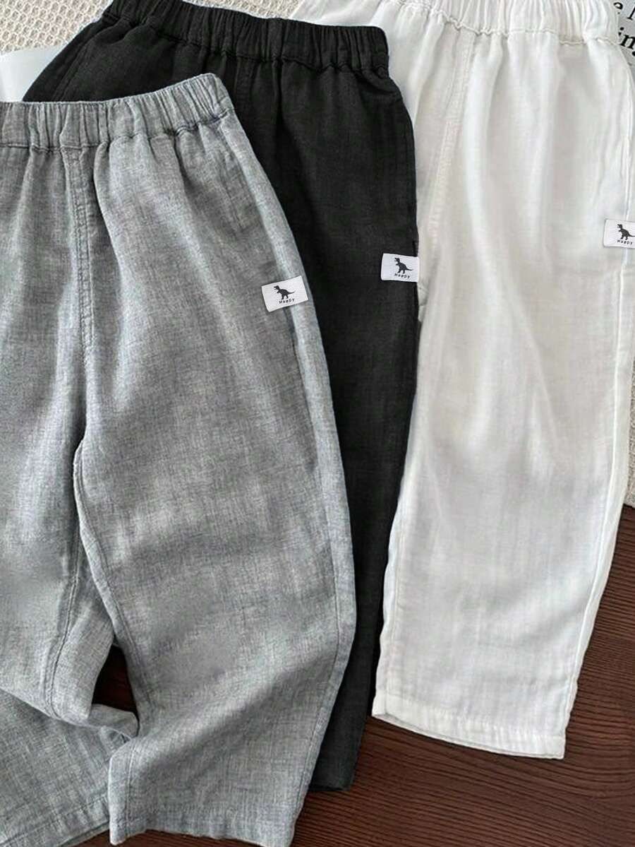 SHEIN 3件套男童舒适透气吸汗亚麻休闲恐龙印花宽松裤套装,适合日常穿着、运动、郊游、上学、聚会、节日、拍照、返校季、春夏穿着。 - 黑色 - 查看 1