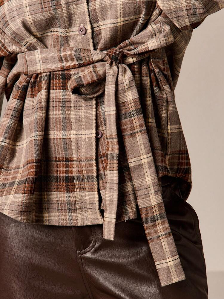 Plaid Button Down Blouse With Tie Belt