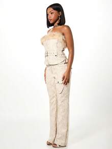 SUMWON WOMEN Top de corsé con estampado de serpiente de piel sintética con detalle de cinturón y ribete de piel de lujo sin tirantes - Albaricoque - Ver 4