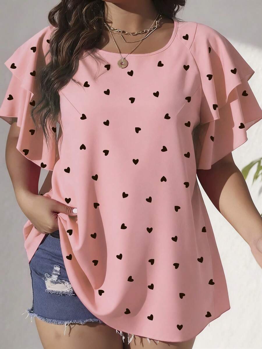 EMERY ROSE Áo kiểu nữ cỡ lớn in hình trái tim lãng mạn, tay bồng, dáng rộng, thoải mái, phù hợp mặc hàng ngày, đi nghỉ mát, dự tiệc, du lịch, màu hồng, thanh lịch. - Nhiều màu - Xem 1