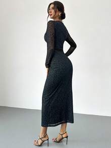 Firerie Women's New Elegant Sexy Long Sleeve Black Lace Leopard Print Flocked Deep V-Neck Bodycon Dress, Suitable For Party, Concert, Ball, Slim Fit Design, Tea Party Dress, Women's Autumn/Winter Dress, Date Night Outfits For Women, Leopard Print Dress, Party Dress - Black - View 4
