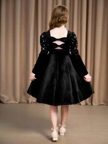 Tween GirlsBurgundy Solid Color Elegant Long Sleeve Dress - Black - View 3