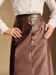 Chiquease Women's Elegant Brown PU Leather A-Line Skirt,Shades Of Brown Autumn Winter Christmas Halloween Party Office Skirt,Fashion Zipper Casual Skirt - Brown - View 6