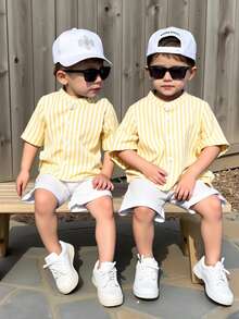 SHEIN 2pcs Young Boys Casual Comfortable Versatile Striped Stand Collar Short Sleeve Shirt And Shorts Set - Yellow - View 8