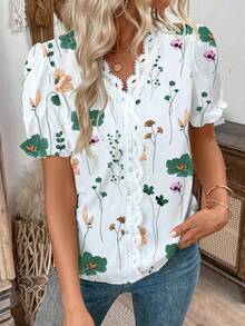 EMERY ROSE Women's Casual Floral Print Puff Sleeve Blouse, Summer - Green - View 3
