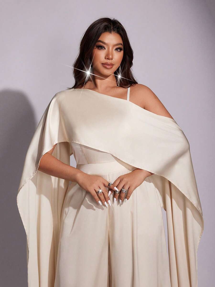 Viva Relle 大码女士飘逸连体裤,不对称领口,优雅派对装扮 - 杏色 - 查看 1
