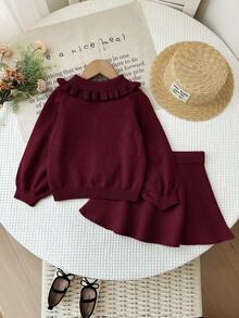 SHEIN 女童纯色彼得潘领休闲毛衣套装，秋冬季 - 酒紅色 - 查看 2