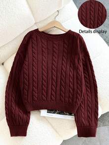 SHEIN Tween Girl Casual Solid Color Dropped Shoulder Loose Textured Knit Cropped Sweater, Autumn/Winter - Burgundy - View 6