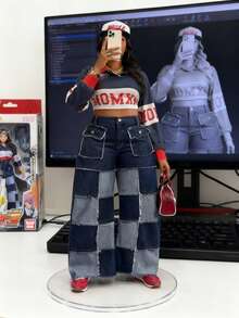 Slaydiva Quần jeans ống loe vá màu xanh không co giãn, phong cách cowgirl, cỡ lớn mùa đông cho nữ, mùa đông - Rửa tối - Xem 7