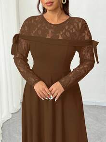 Elenzga Gaun Patchwork Renda Elegan untuk Wanita Ukuran Plus - Coklat - View 6