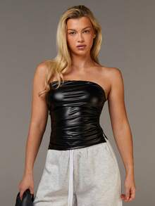 Athîral Women's Black PU Strapless Top,Side Pleat Design For Autumn Girly Club Night,Stylish Casual Outings Party Nightclub Winter Halloween Christmas - Black - View 4